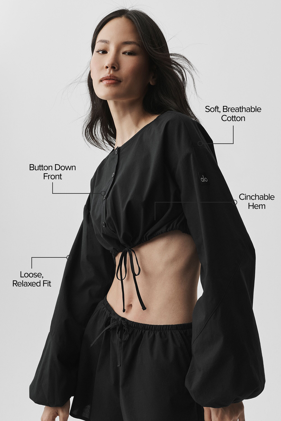 Alo Yoga Cotton Cropped Real Deal Long Sleeve - Black