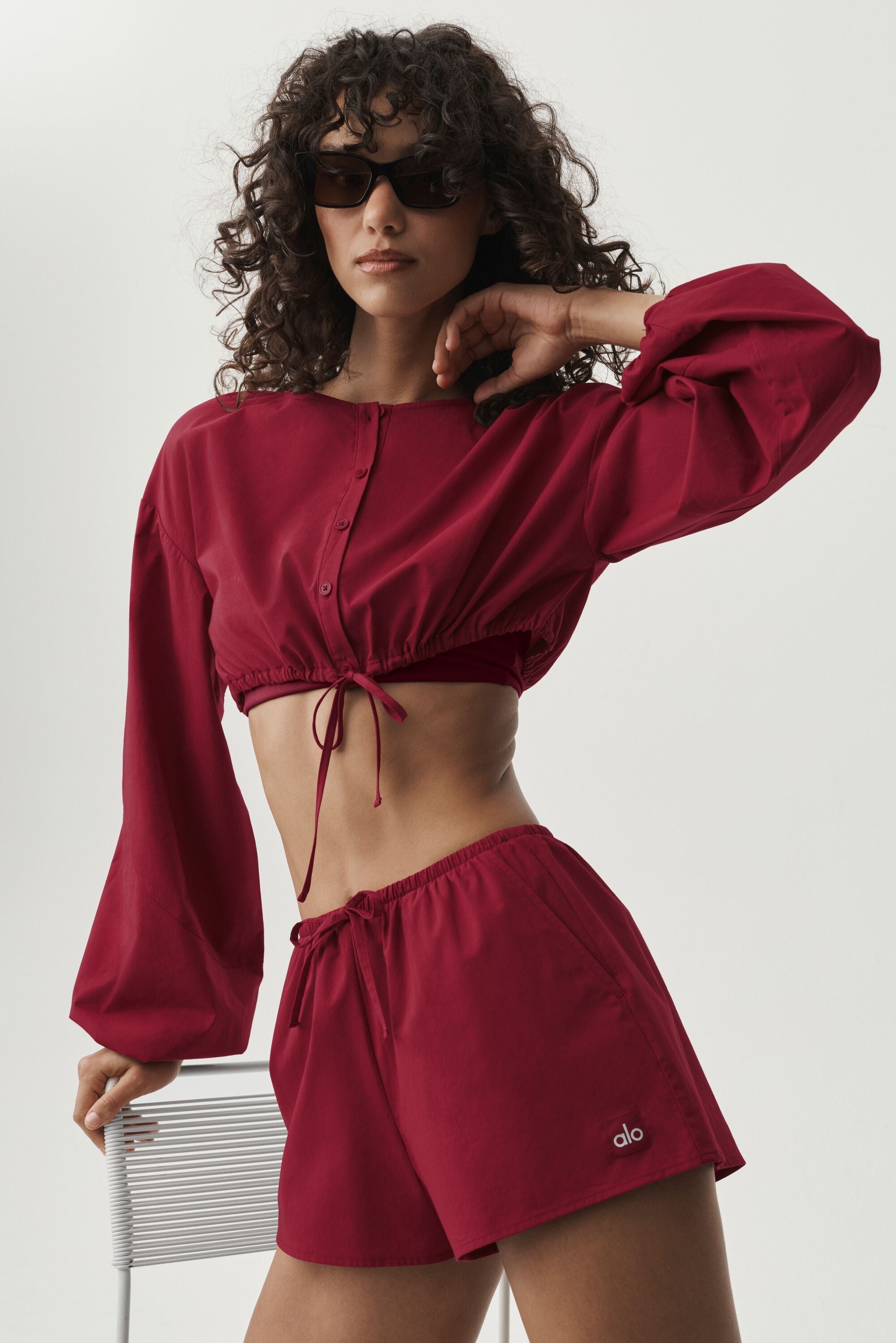 Alo Yoga Cotton Cropped Real Deal Long Sleeve - Summer Romance Red