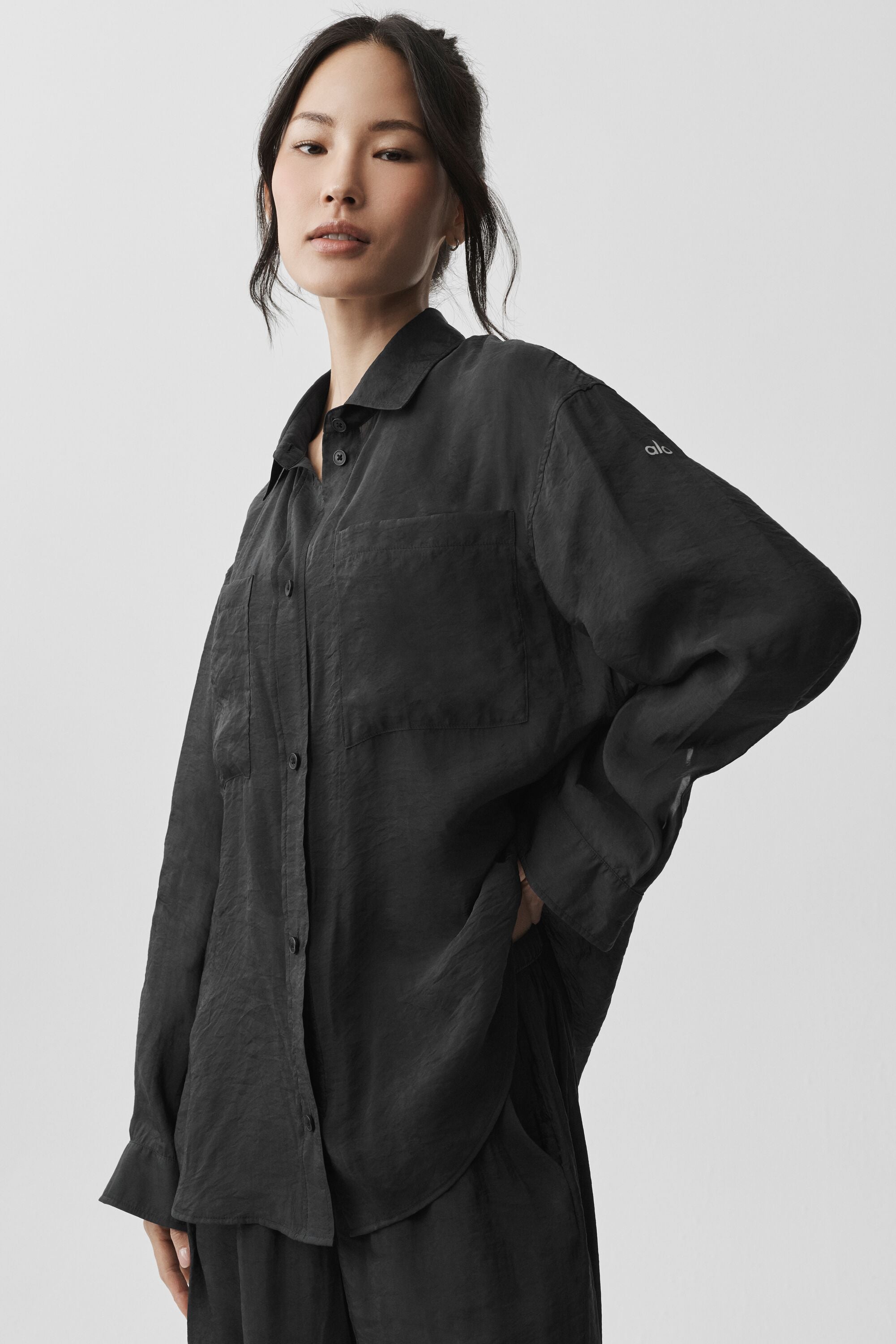 Alo Yoga Semi-Sheer Golden Hour Button Down Long Sleeve - Black