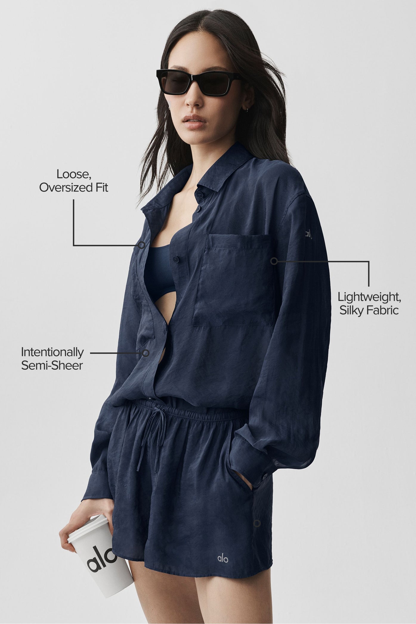 Alo Yoga Semi-Sheer Golden Hour Button Down Long Sleeve - Navy