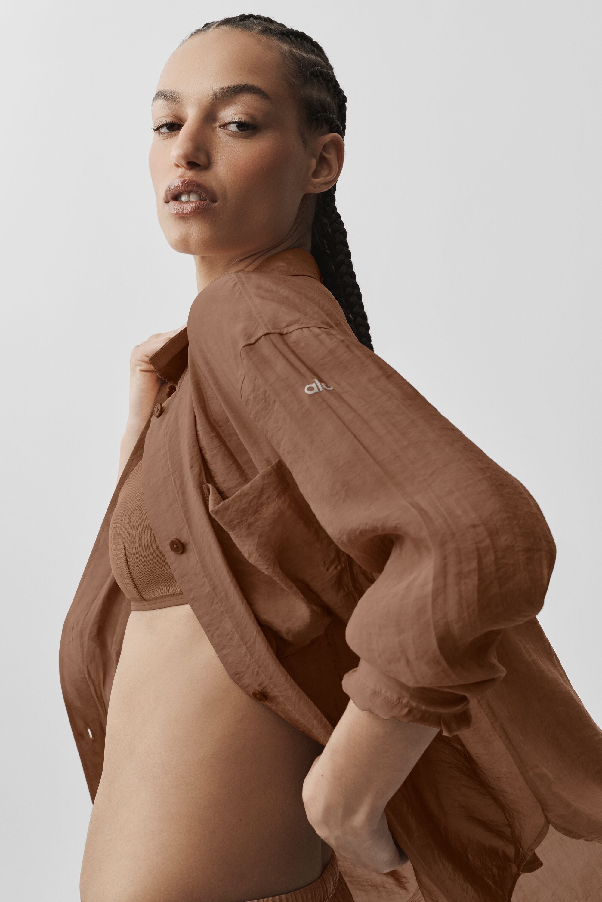 Alo Yoga Semi-Sheer Golden Hour Button Down Long Sleeve - Sun Kissed Brown