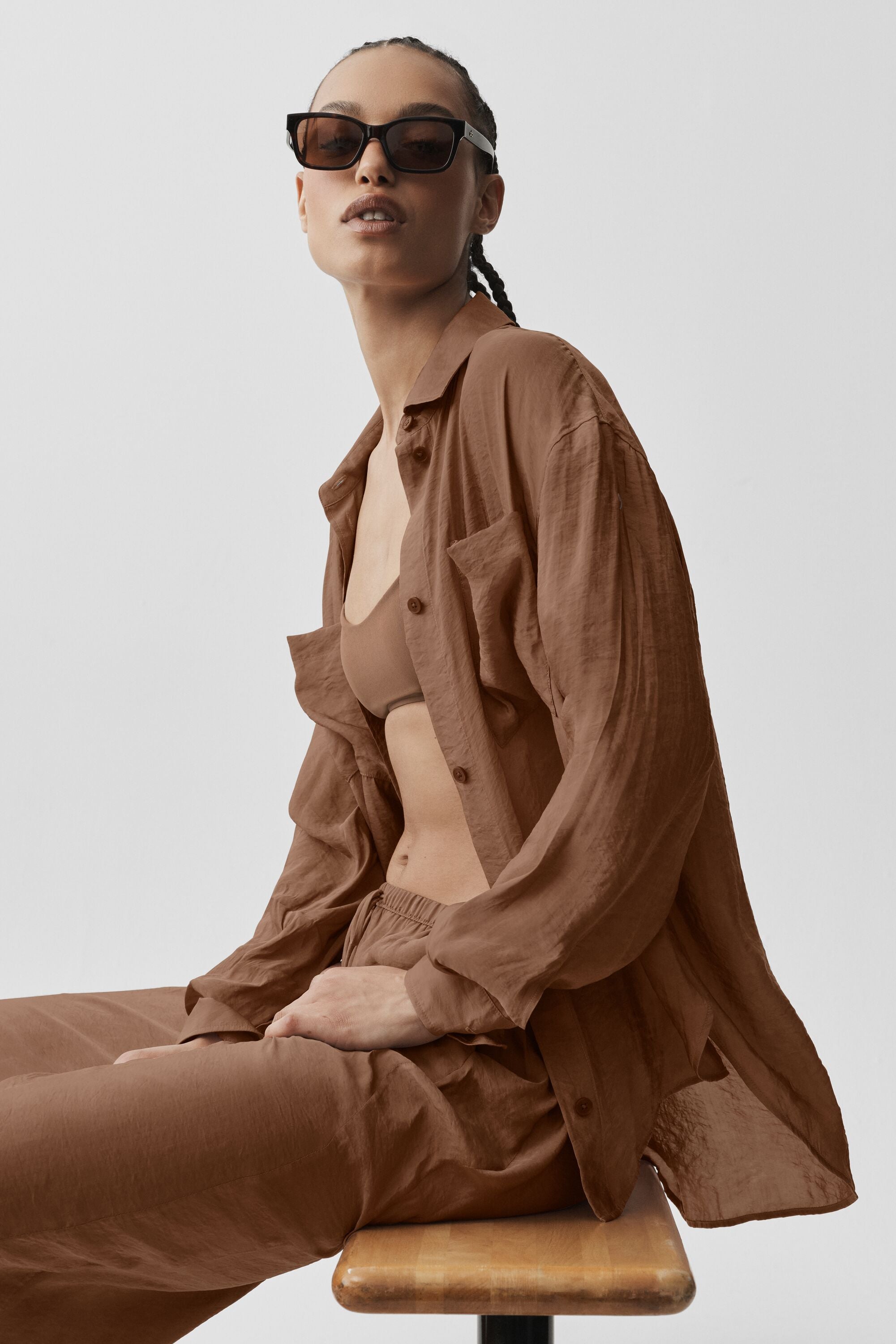 Alo Yoga Semi-Sheer Golden Hour Button Down Long Sleeve - Sun Kissed Brown