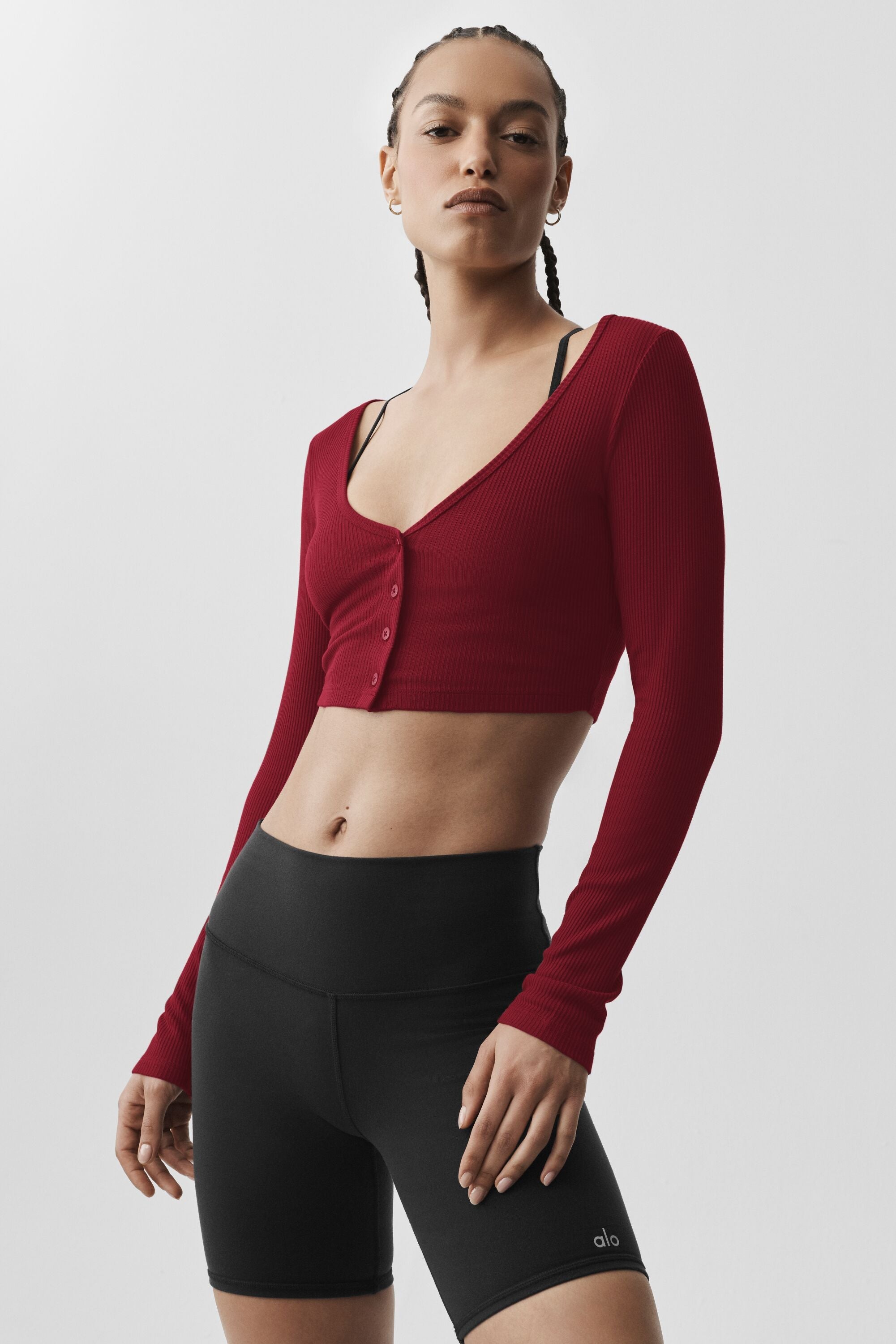 Alo Yoga Ribbed Cropped Whisper Cardigan - Summer Romance Red