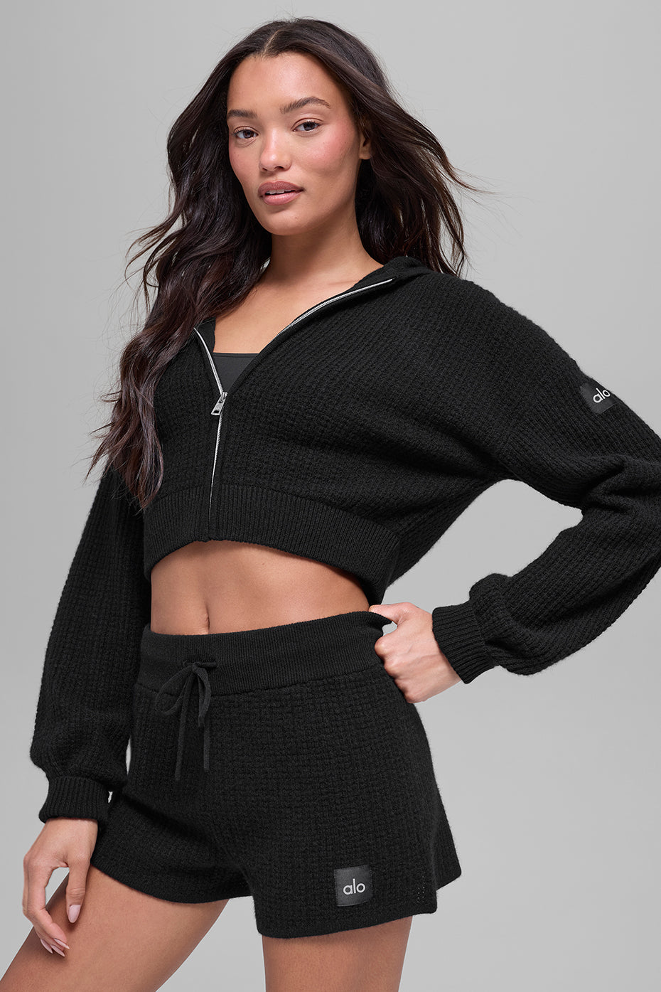 Alo Yoga Cashmere Plush Waffle Full Zip Hoodie - Black