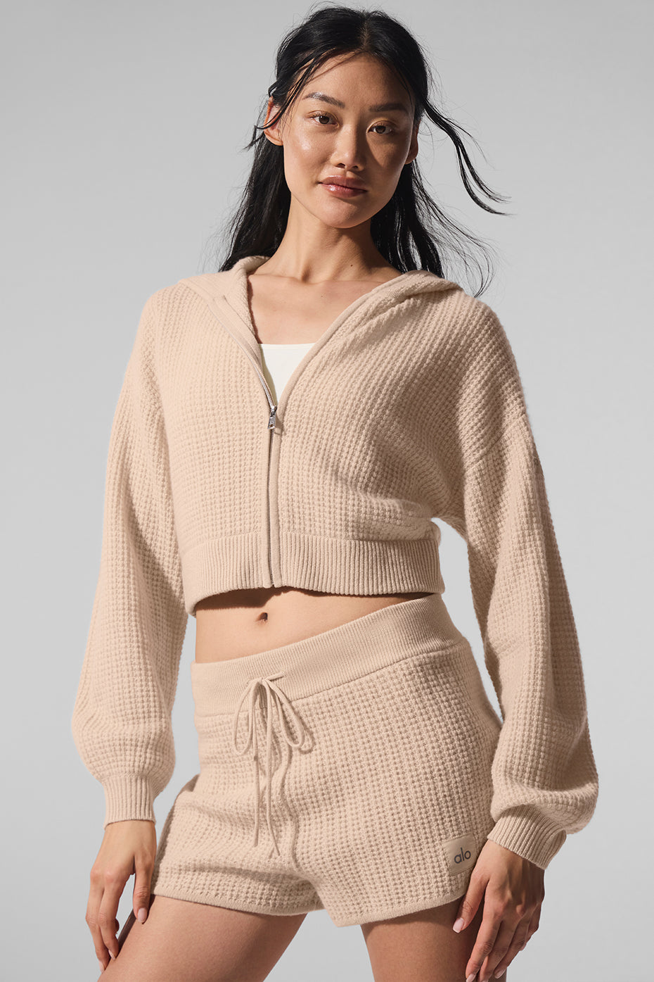 Alo Yoga Cashmere Plush Waffle Full Zip Hoodie - Macadamia Blush
