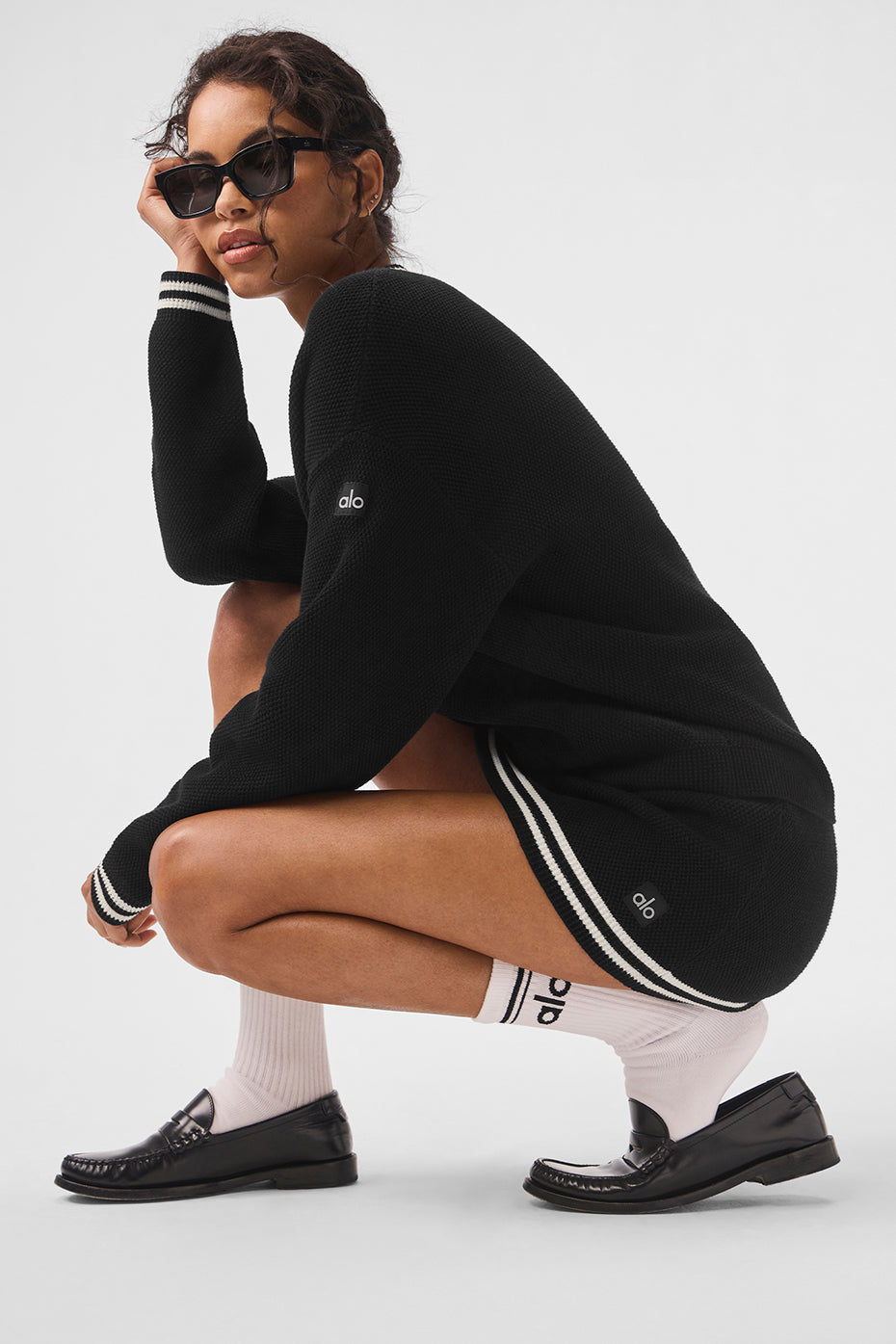 Alo Yoga Tennis Club Sweater Knit Cardigan - Black/Ivory