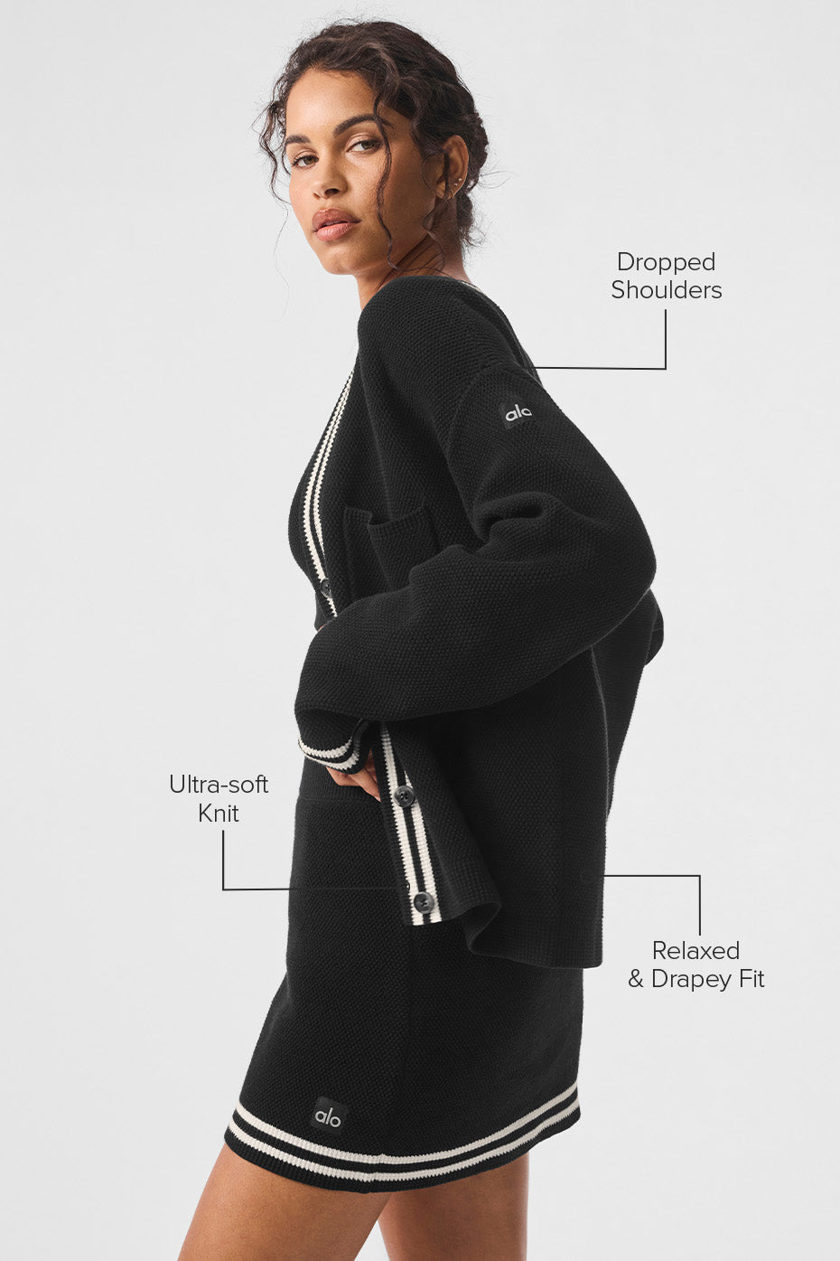 Alo Yoga Tennis Club Sweater Knit Cardigan - Black/Ivory