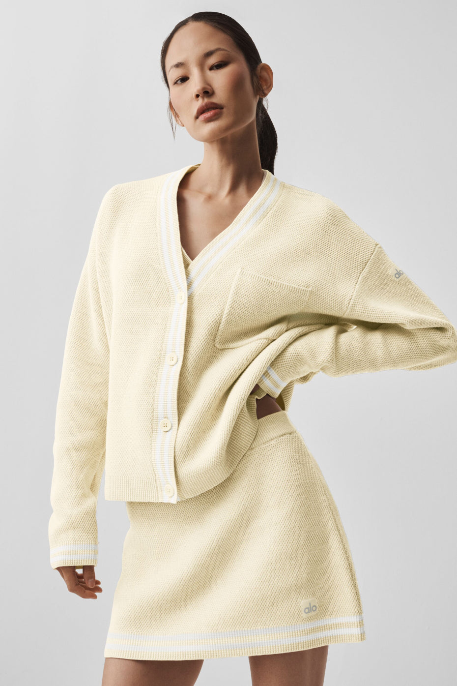 Alo Yoga Tennis Club Sweater Knit Cardigan - Oatmeal/White