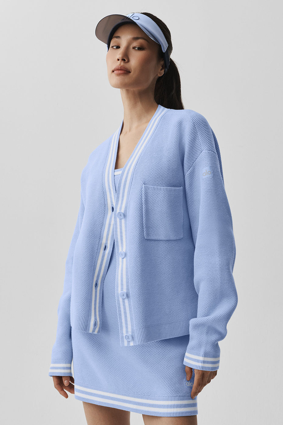 Alo Yoga Tennis Club Sweater Knit Cardigan - Light Provence Blue/White