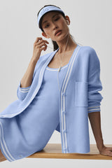 Alo Yoga Tennis Club Sweater Knit Cardigan - Light Provence Blue/White