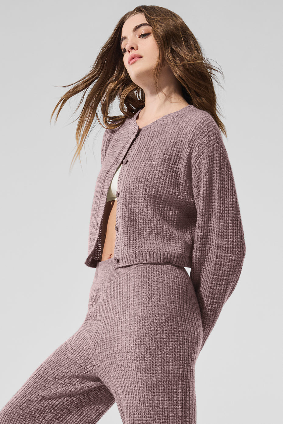 Alo Yoga Cashmere Plush Waffle Cardigan - Mushroom Heather