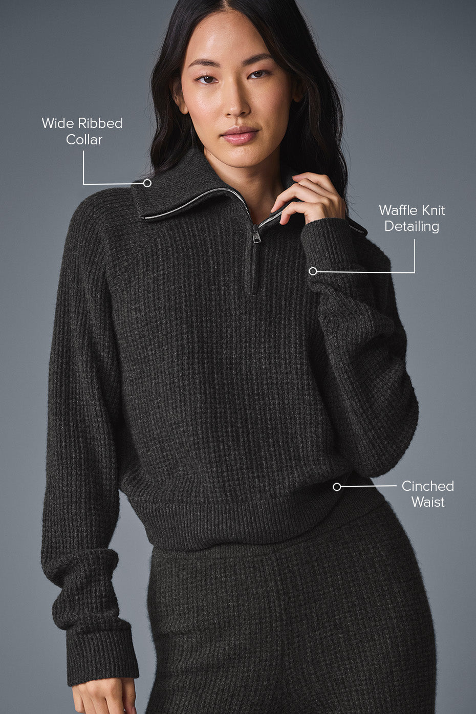 Alo Yoga Cashmere Plush Waffle 1/4 Zip Pullover - Dark Heather Grey
