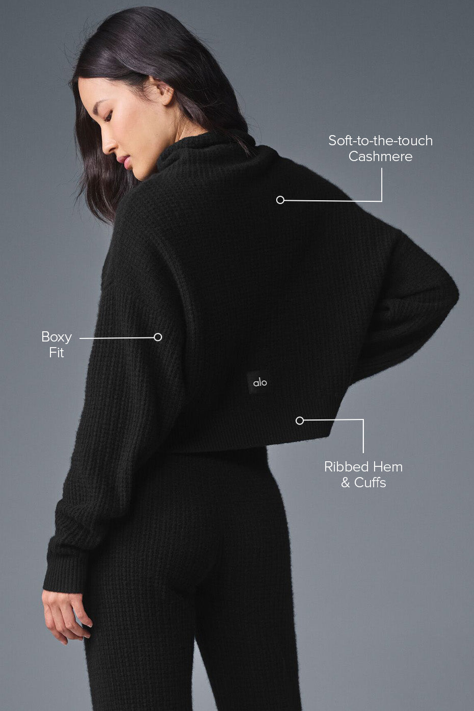 Alo Yoga Cashmere Plush Waffle Turtleneck Pullover - Black
