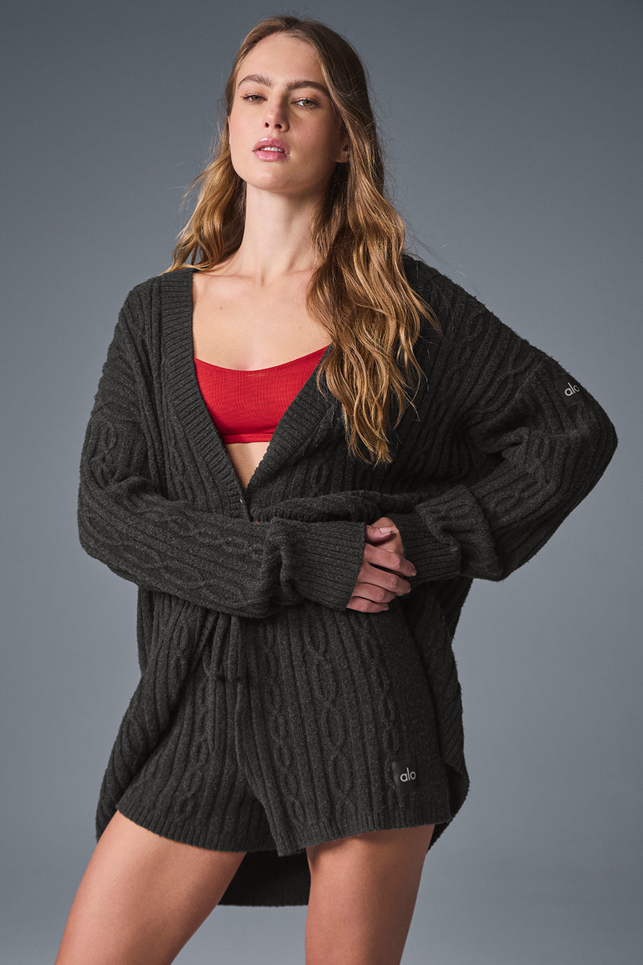Alo Yoga Cable Knit Winter Bliss Cardigan - Dark Heather Grey