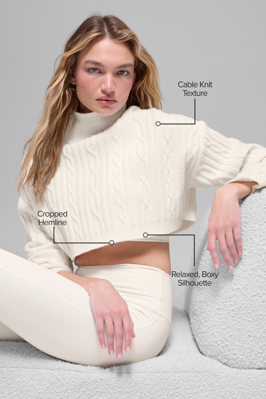 Alo Yoga Cable Knit Cropped Winter Bliss Turtleneck Long Sleeve - Ivory