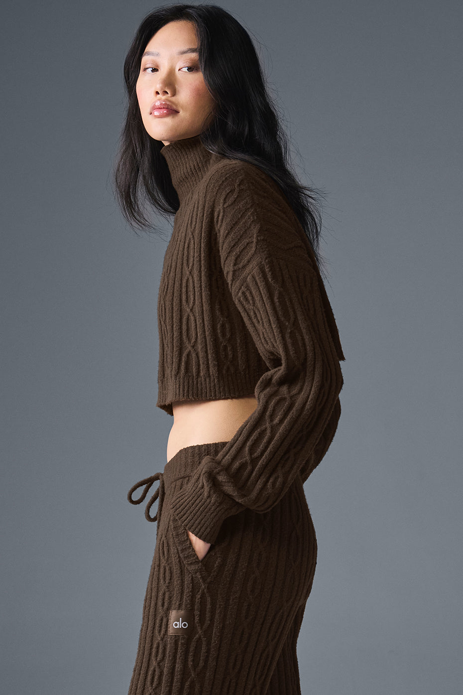 Alo Yoga Cable Knit Cropped Winter Bliss Turtleneck Long Sleeve - Espresso