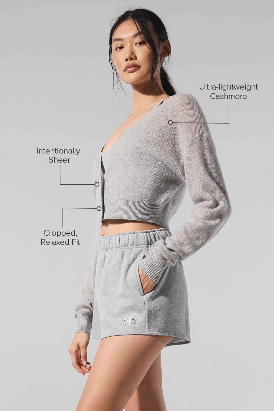 Alo Yoga Sheer Cashmere Cropped Cardigan - Athletic Heather Grey