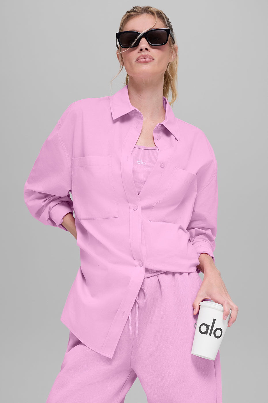 Alo Yoga Cotton Real Deal Button Up Long Sleeve - Candy Heart Pink