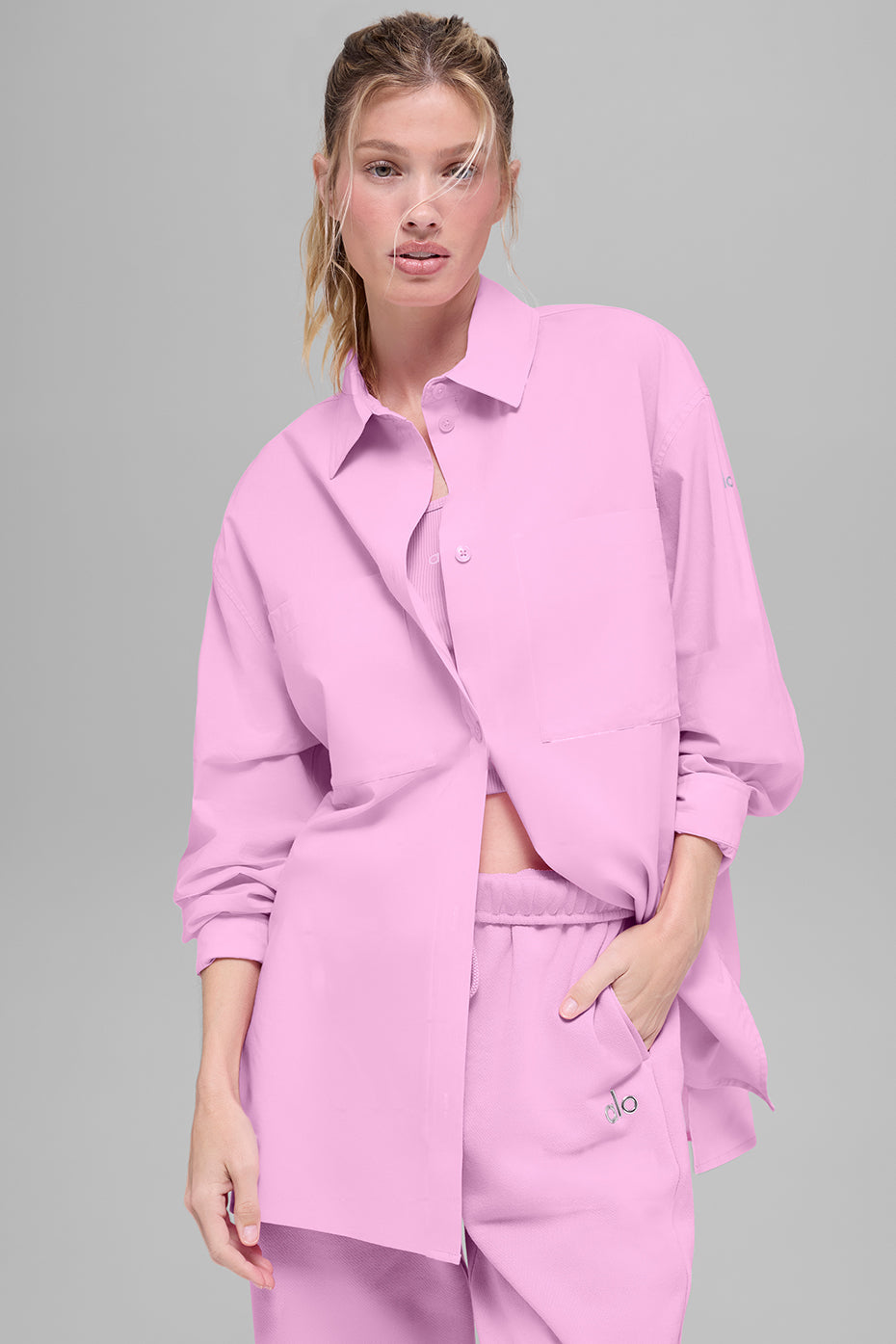 Alo Yoga Cotton Real Deal Button Up Long Sleeve - Candy Heart Pink