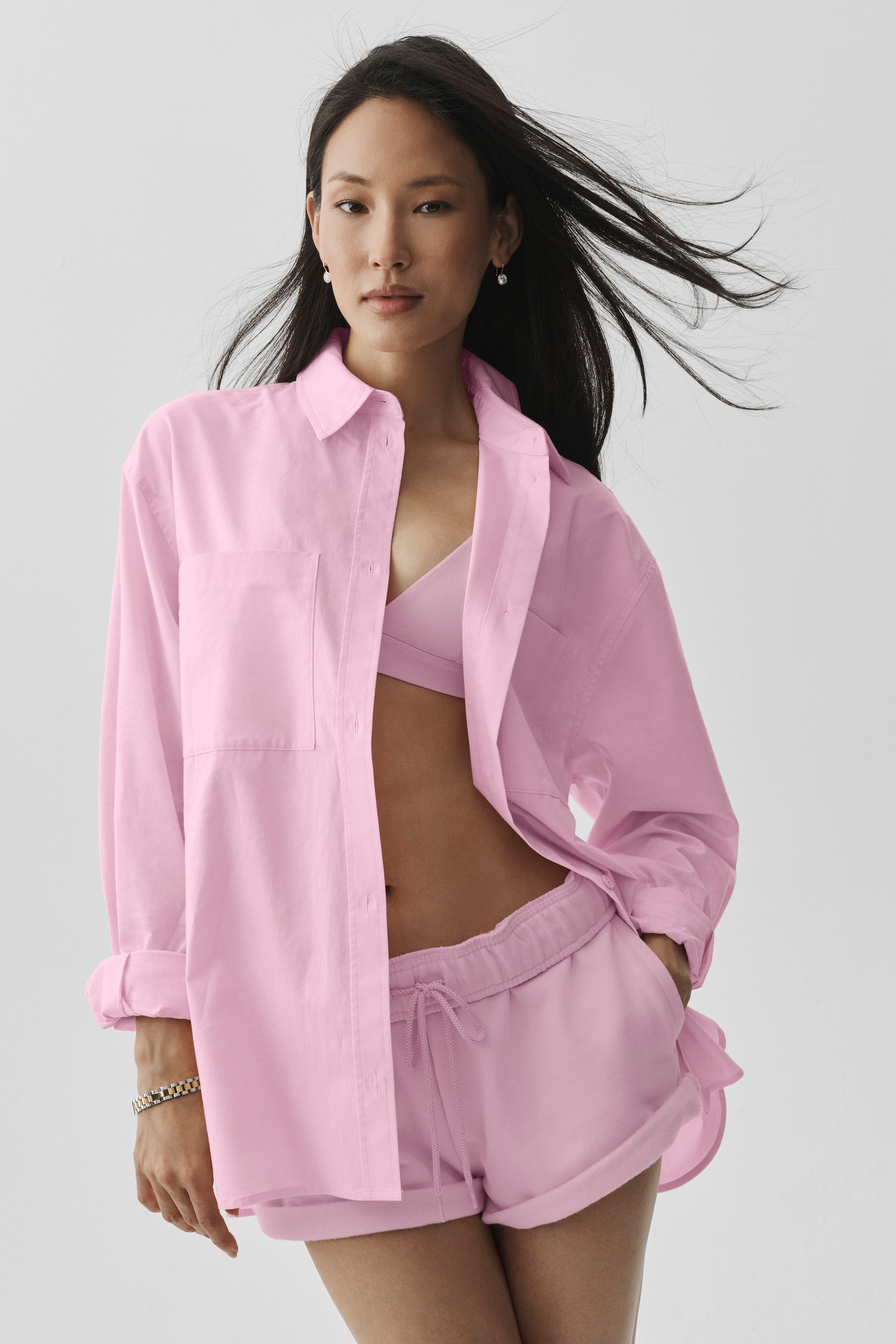 Alo Yoga Cotton Real Deal Button Up Long Sleeve - Pink Marshmallow
