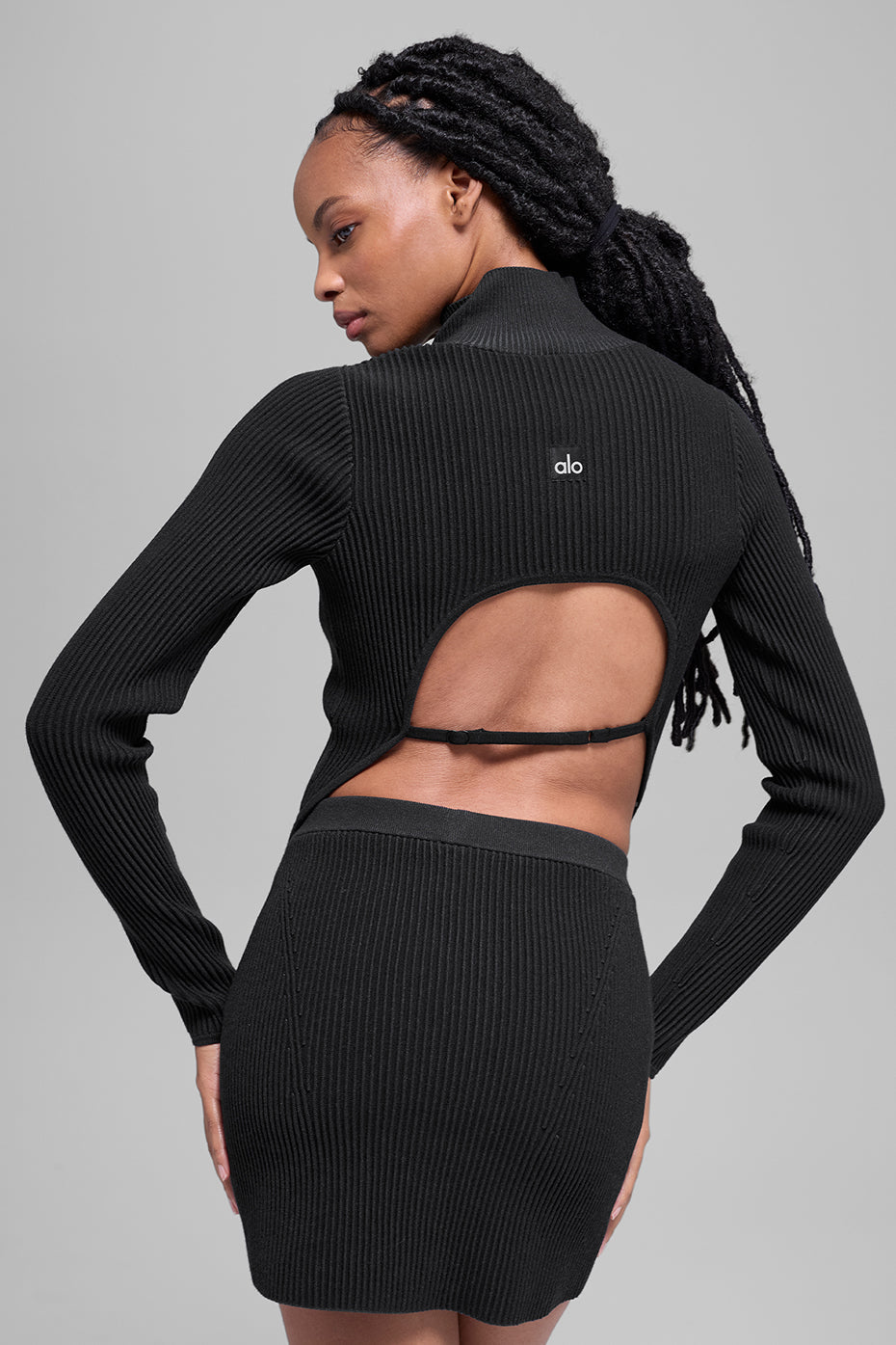 Alo Yoga Denim Knit Backless Long Sleeve - Black/Anthracite