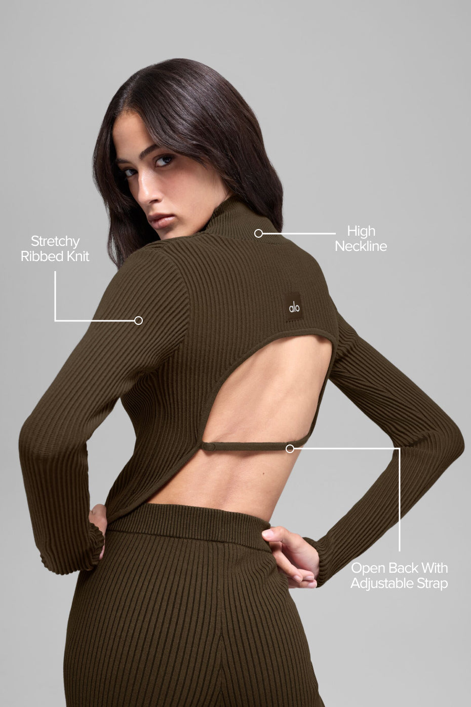 Alo Yoga Denim Knit Backless Long Sleeve - Espresso/Black