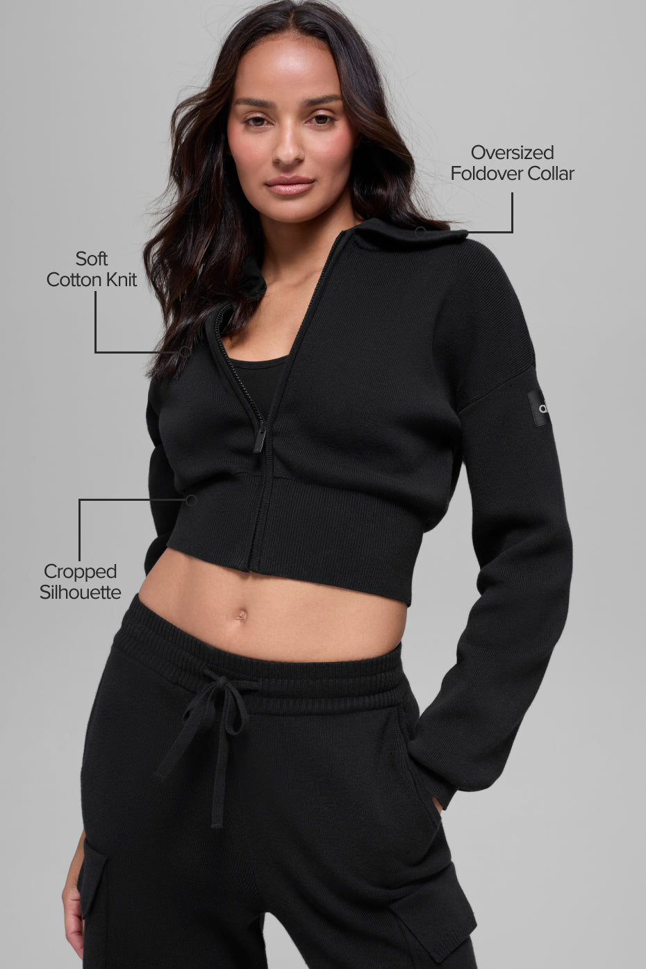 Alo Yoga Scholar Knit Cropped Full Zip Jacket - Black