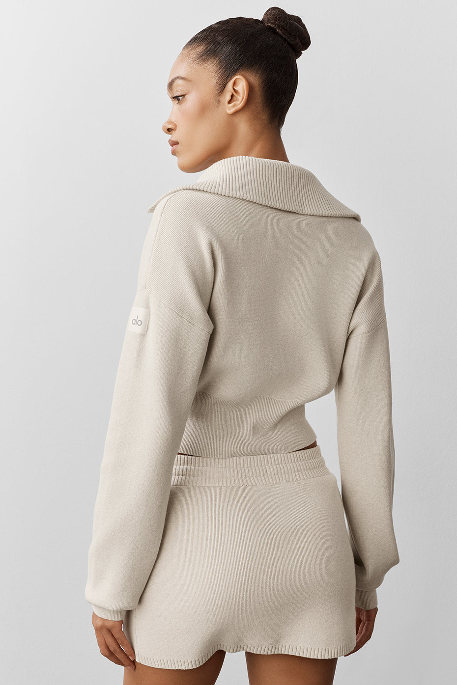 Alo Yoga Scholar Knit Cropped Full Zip Jacket - Oatmeal Heather