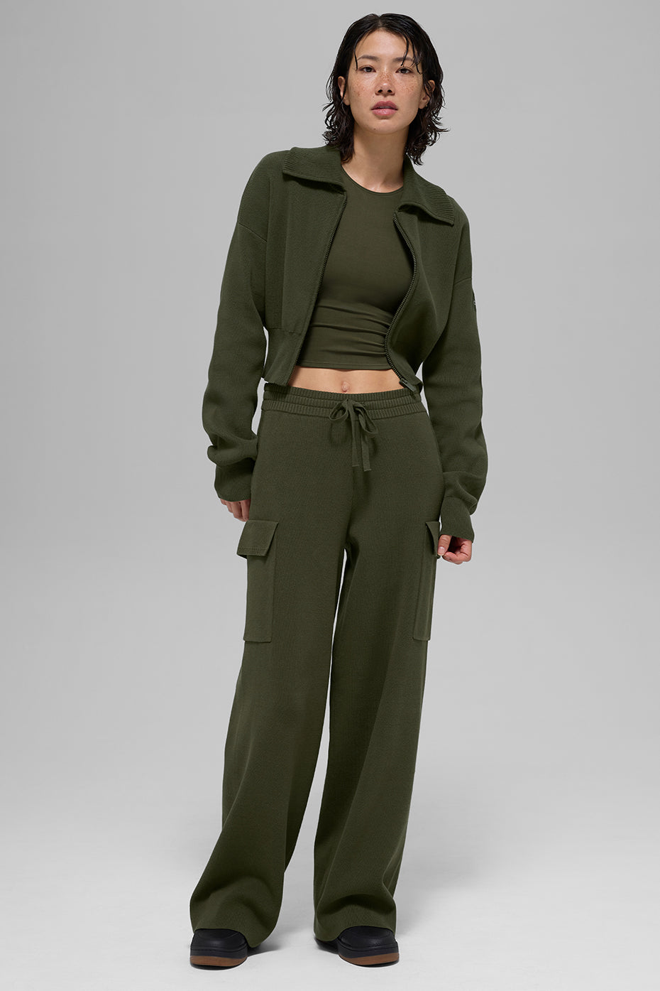 Alo Yoga Scholar Knit Cropped Full Zip Jacket - Green Olive