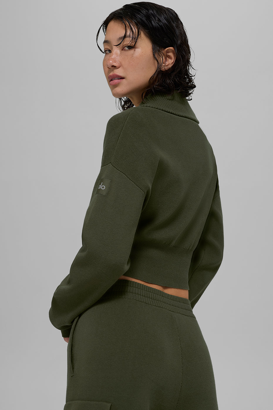 Alo Yoga Scholar Knit Cropped Full Zip Jacket - Green Olive