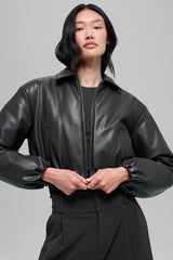 Alo Yoga Faux Leather Cropped Premier Bomber - Black