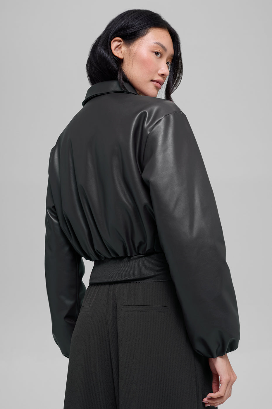 Alo Yoga Faux Leather Cropped Premier Bomber - Black