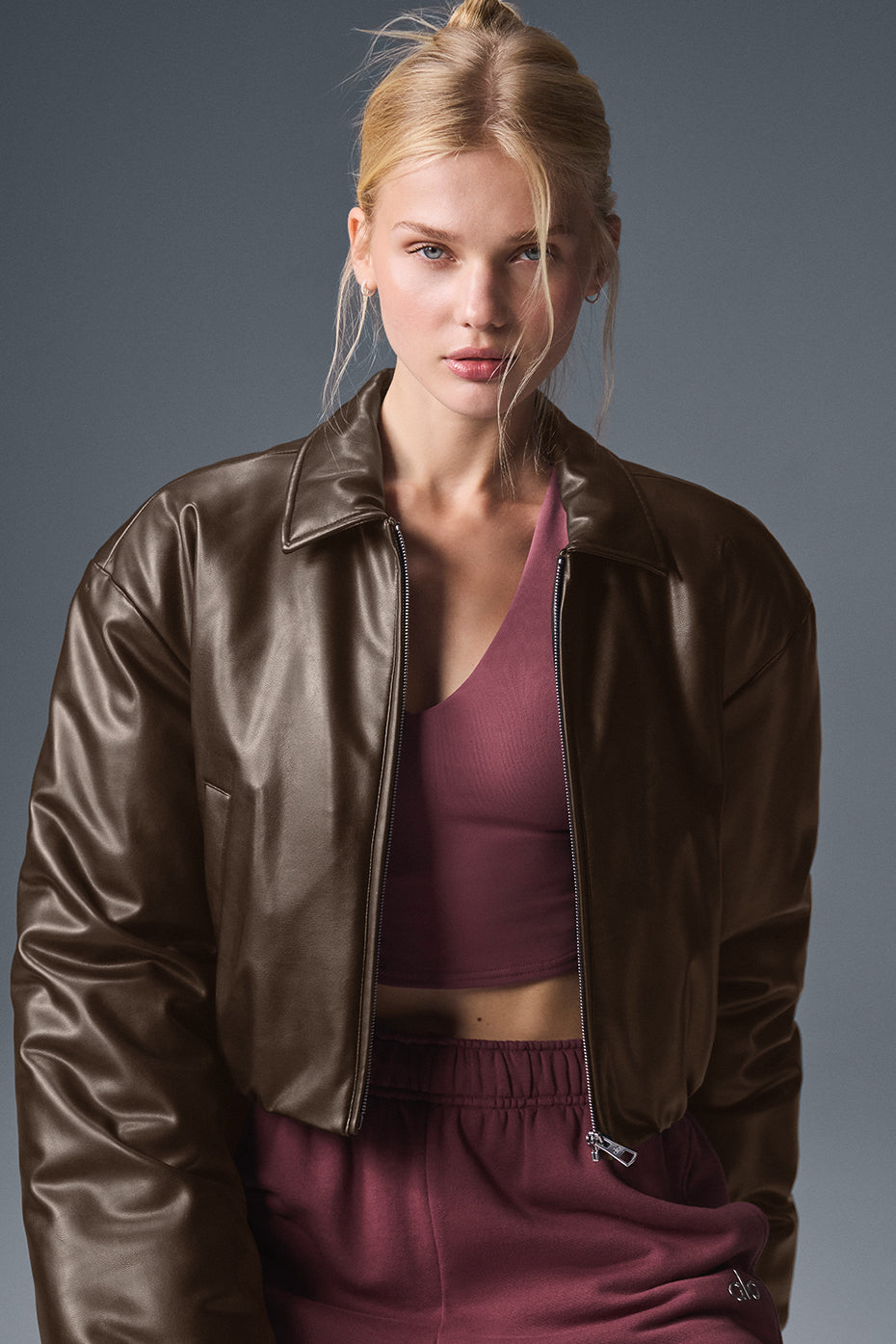 Alo Yoga Faux Leather Cropped Premier Bomber - Espresso
