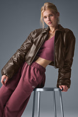 Alo Yoga Faux Leather Cropped Premier Bomber - Espresso