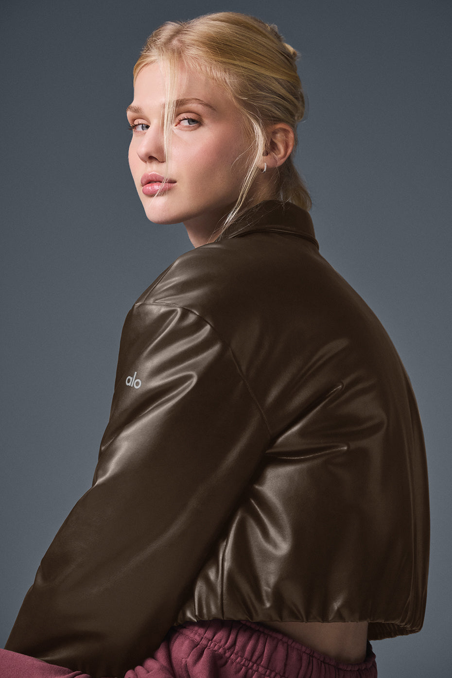 Alo Yoga Faux Leather Cropped Premier Bomber - Espresso