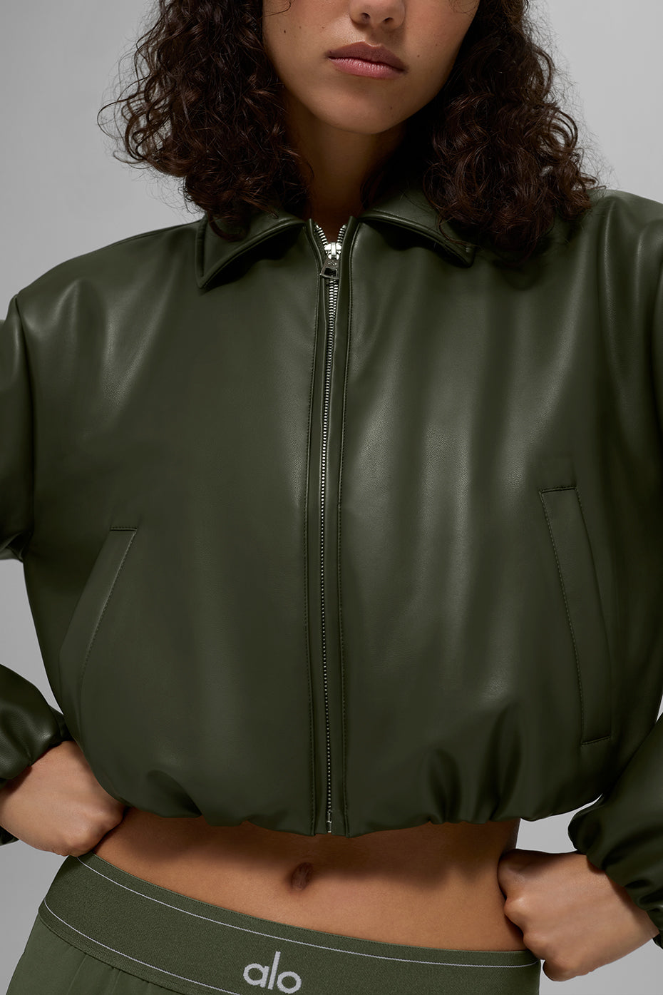 Alo Yoga Faux Leather Cropped Premier Bomber - Green Olive