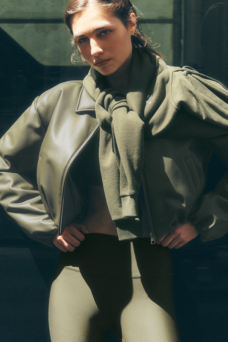 Alo Yoga Faux Leather Cropped Premier Bomber - Green Olive