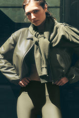 Alo Yoga Faux Leather Cropped Premier Bomber - Green Olive