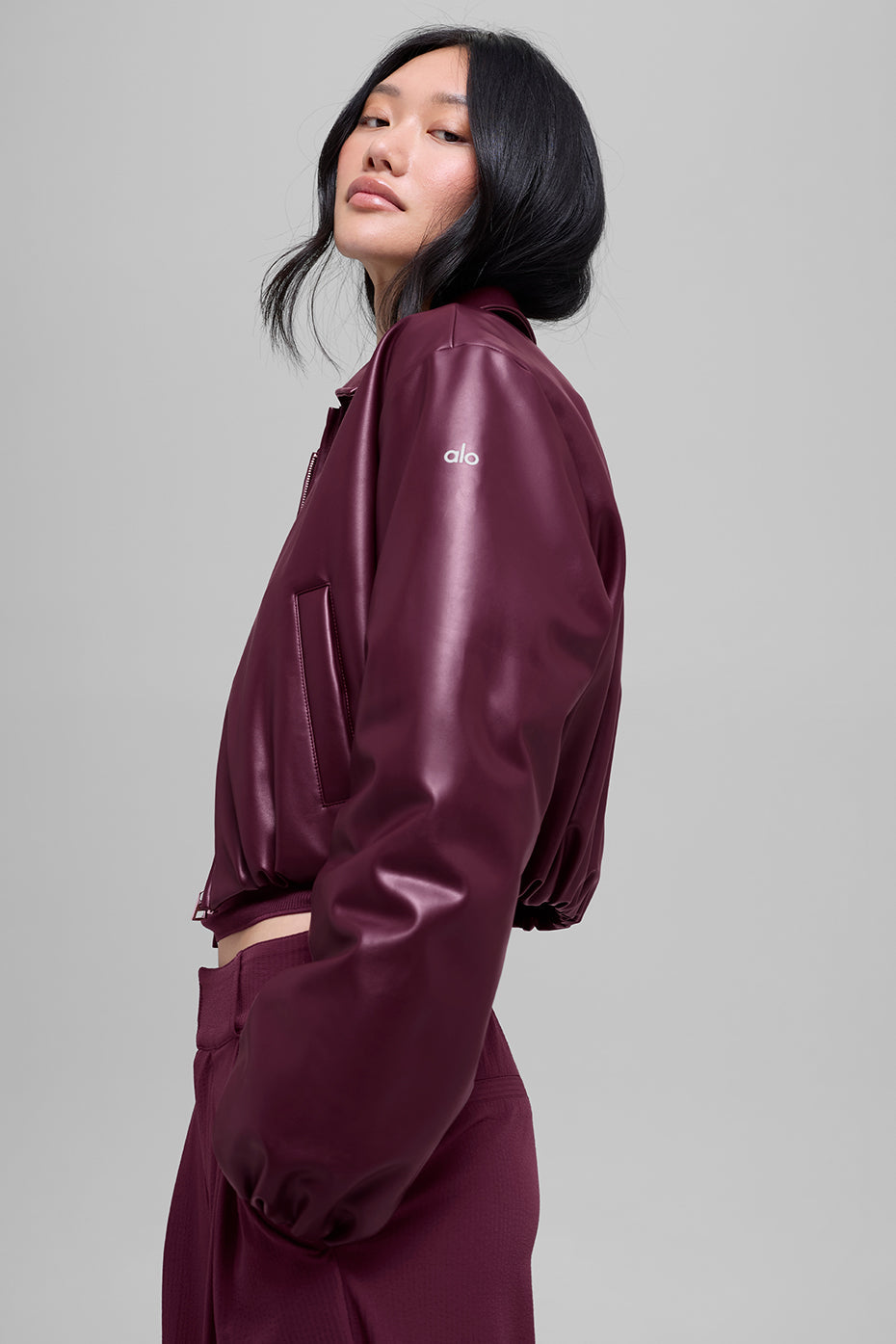 Alo Yoga Faux Leather Cropped Premier Bomber - Burgundy