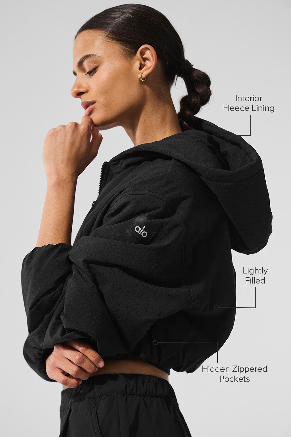 Alo Yoga Cropped Mountain Peak Full-Zip Hoodie - Black