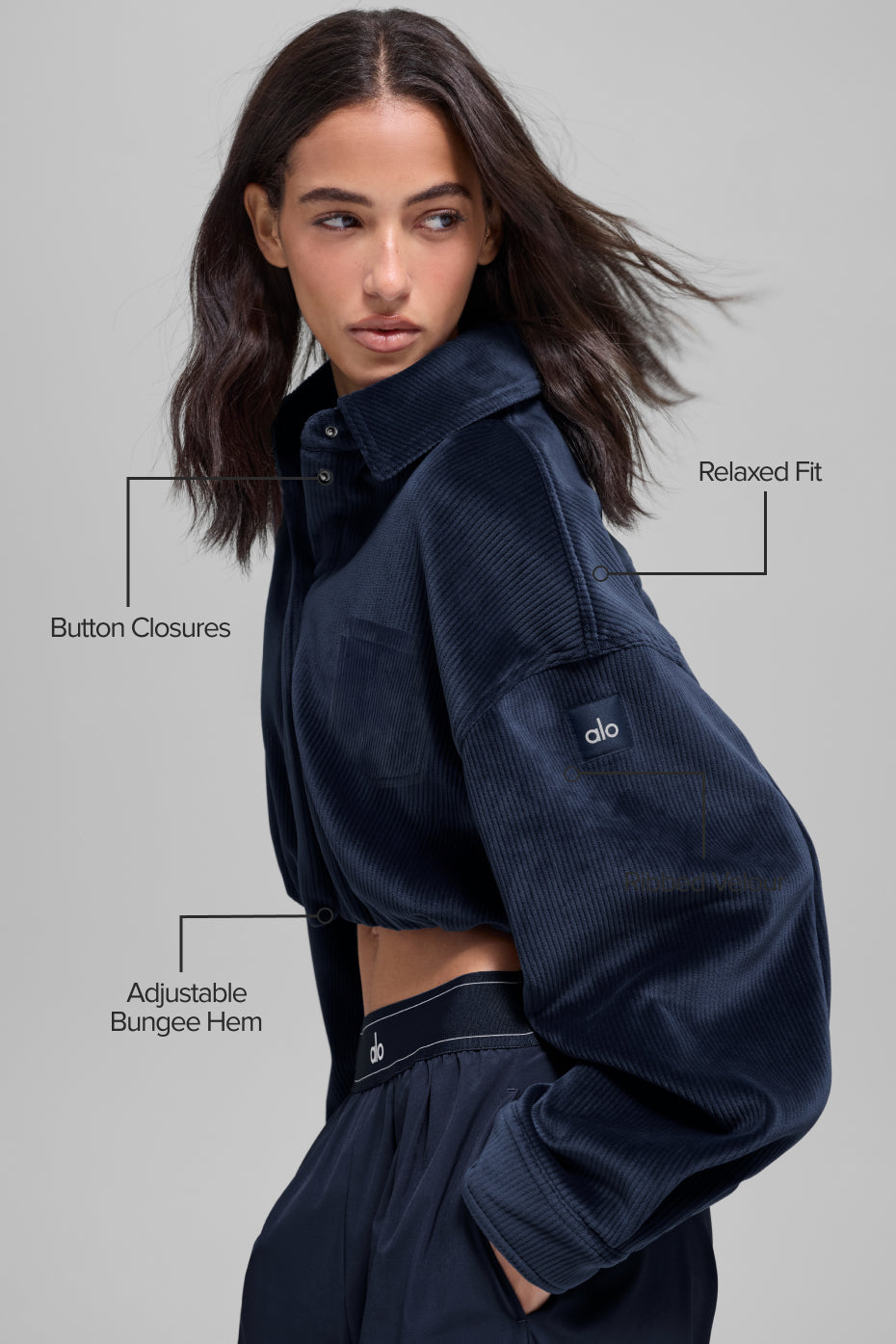 Alo Yoga Ribbed Velour Cropped Mountain Side Jacket - Navy