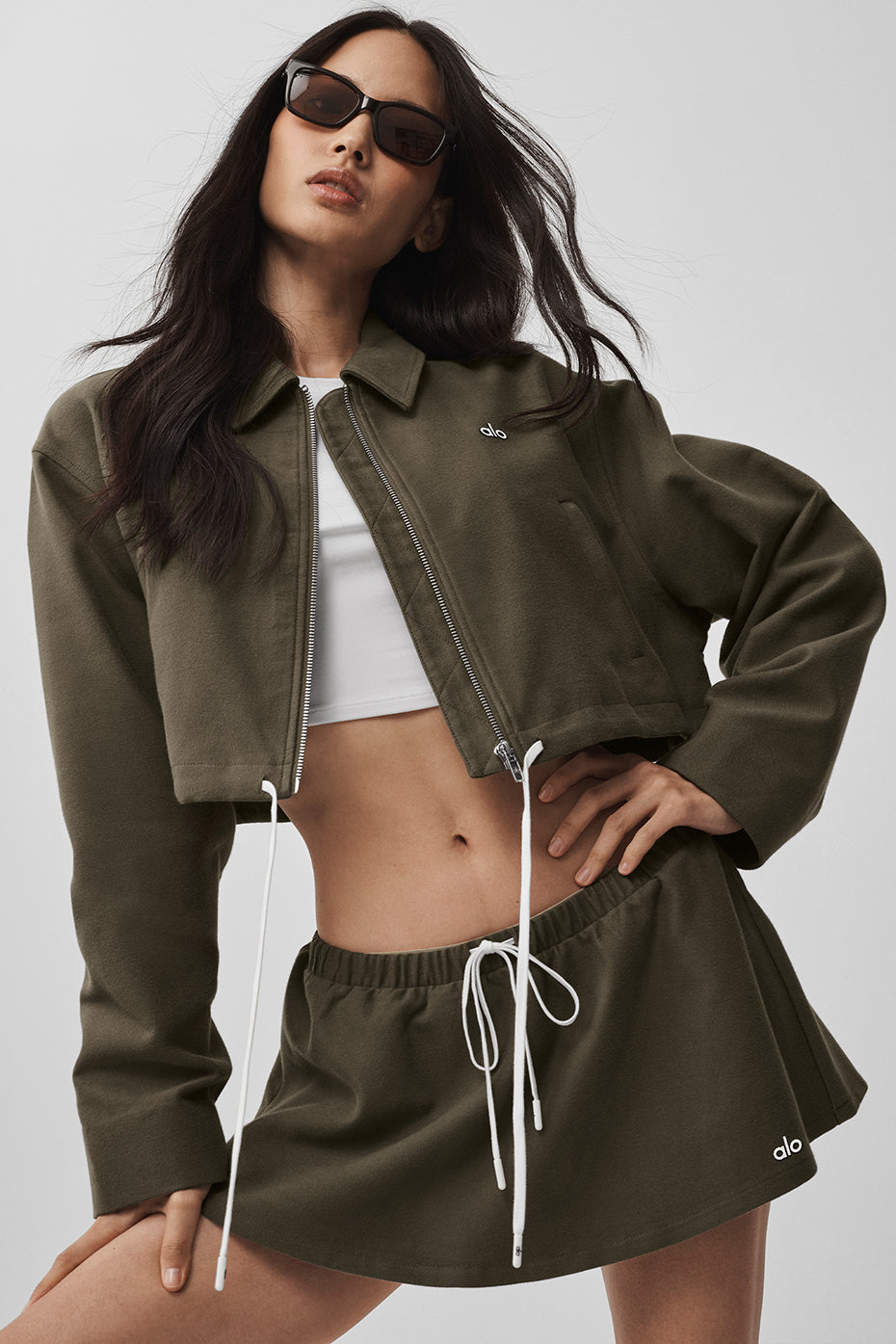 Alo Yoga Cropped Fan Favorite Full Zip Jacket - Olive Tree