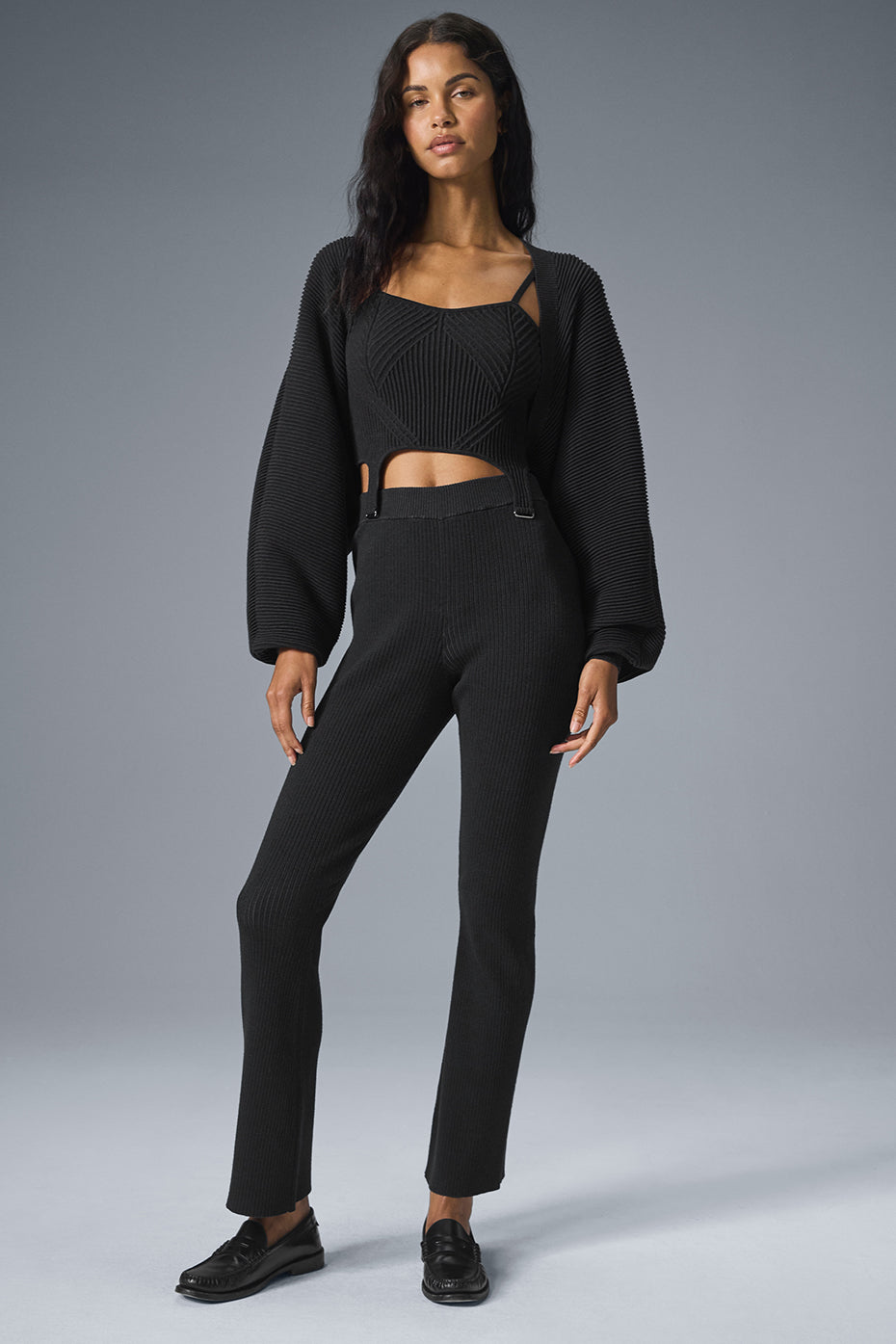Alo Yoga Denim Knit High-Waist Flare Pant - Black/Anthracite