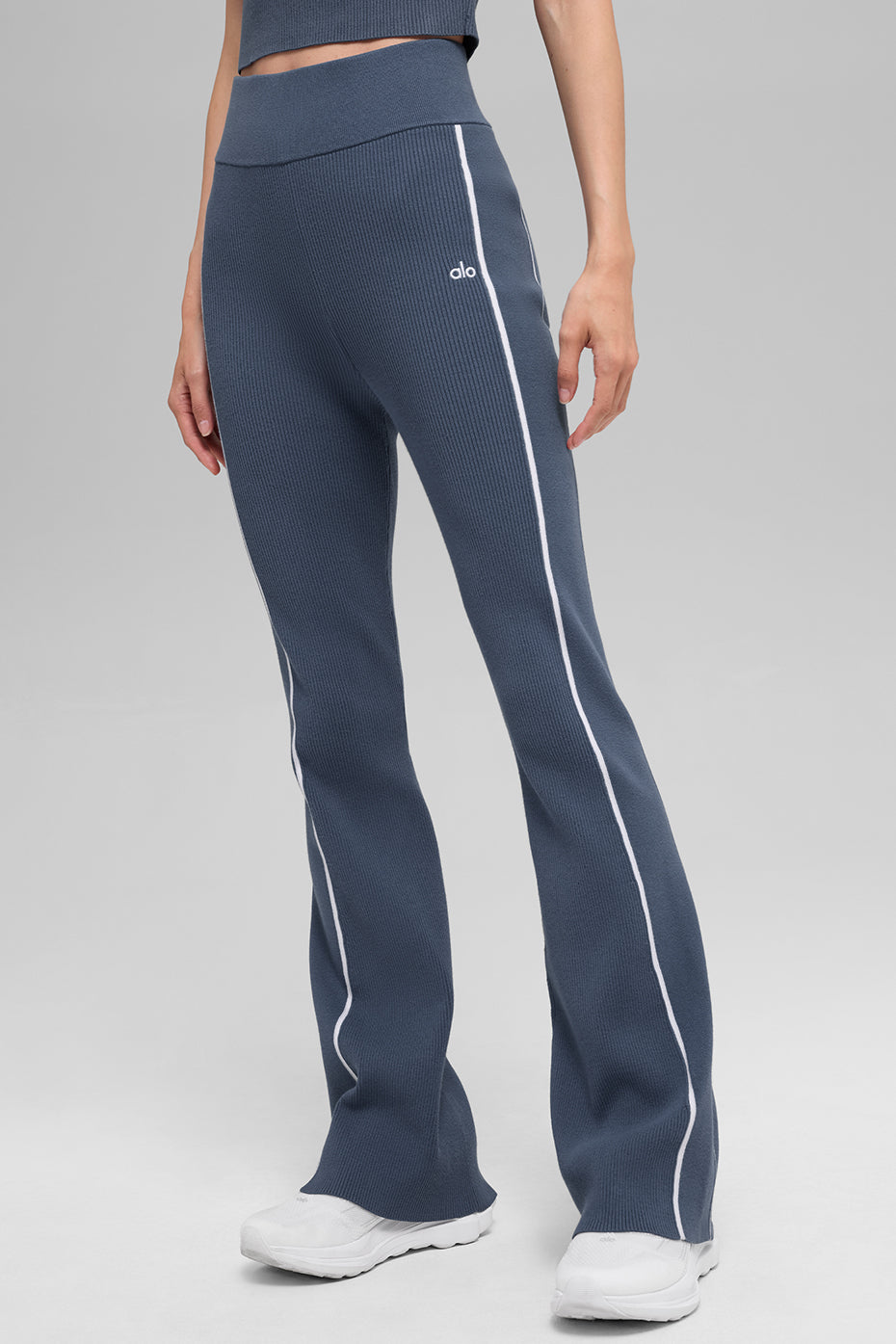 Alo Yoga Ribbed Sweater Knit Highline Flare Pant - Bluestone/White