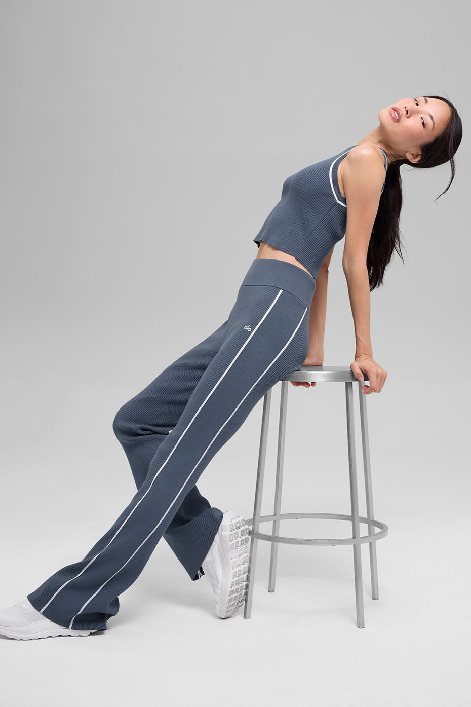Alo Yoga Ribbed Sweater Knit Highline Flare Pant - Bluestone/White