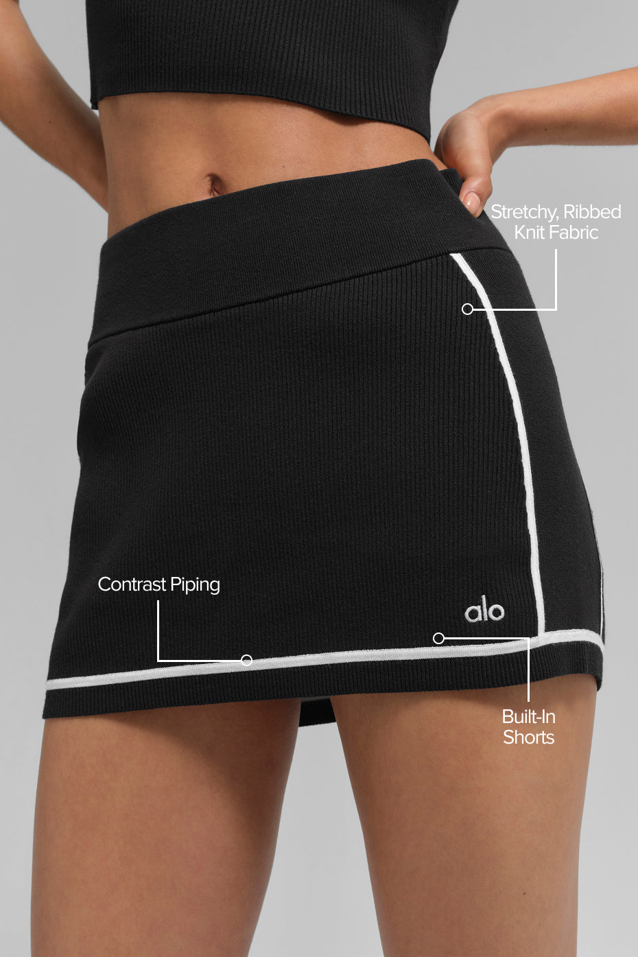 Alo Yoga Ribbed Sweater Knit Highline Mini Skirt - Black/White