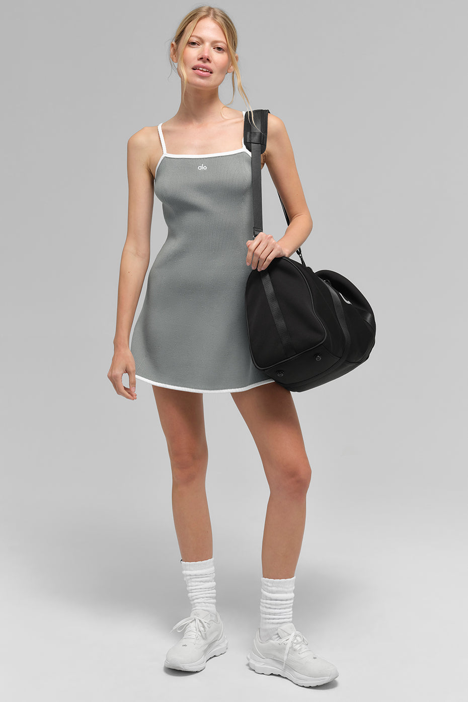 Alo Yoga Ribbed Sweater Knit Highline Dress - Lunar Grey/White