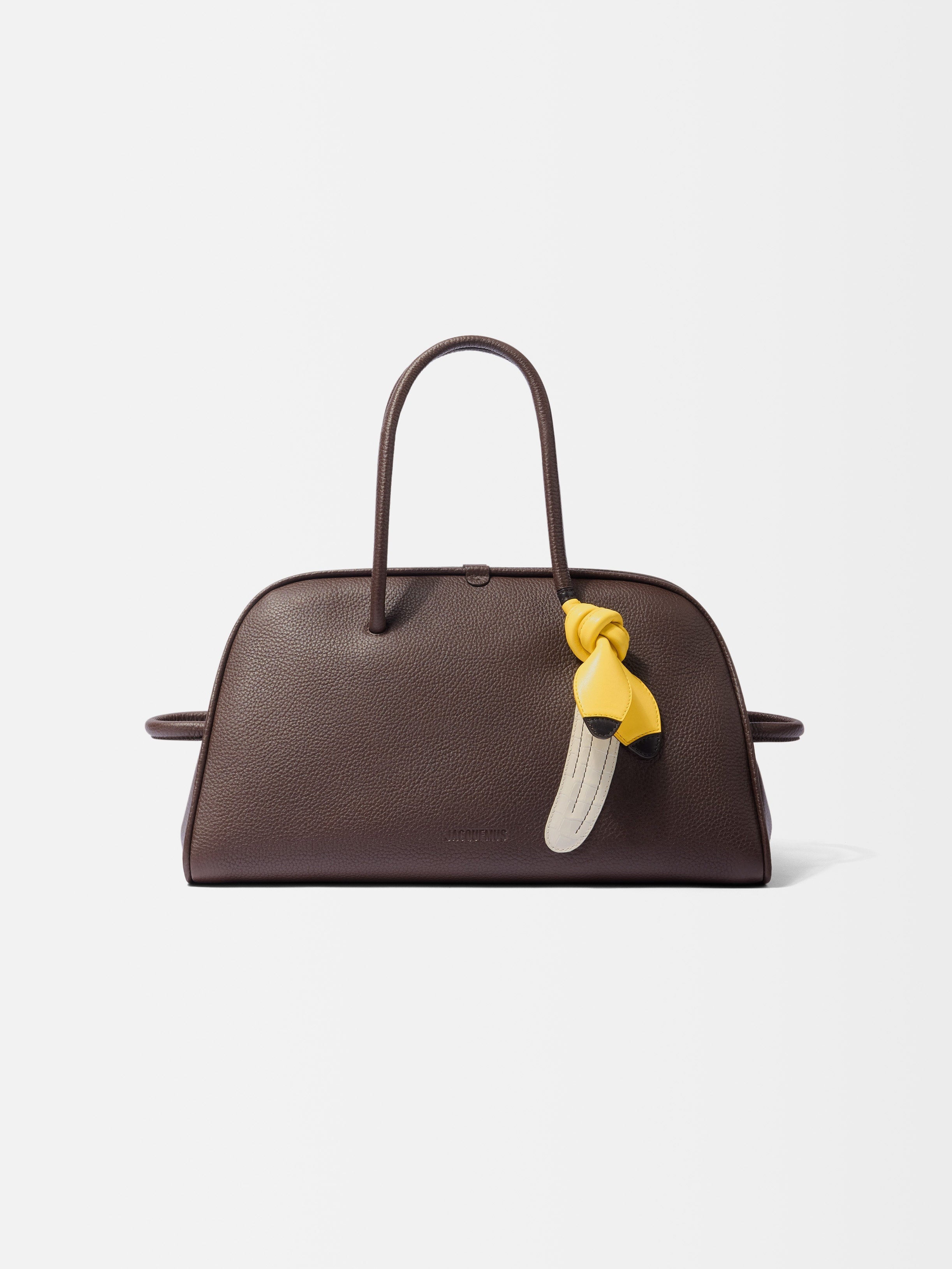 Jacquemus The Turismo Bowling Bag In Grained Leather And Crocodile Embossed Leather Patchwork Dark Brown/Yellow Banana