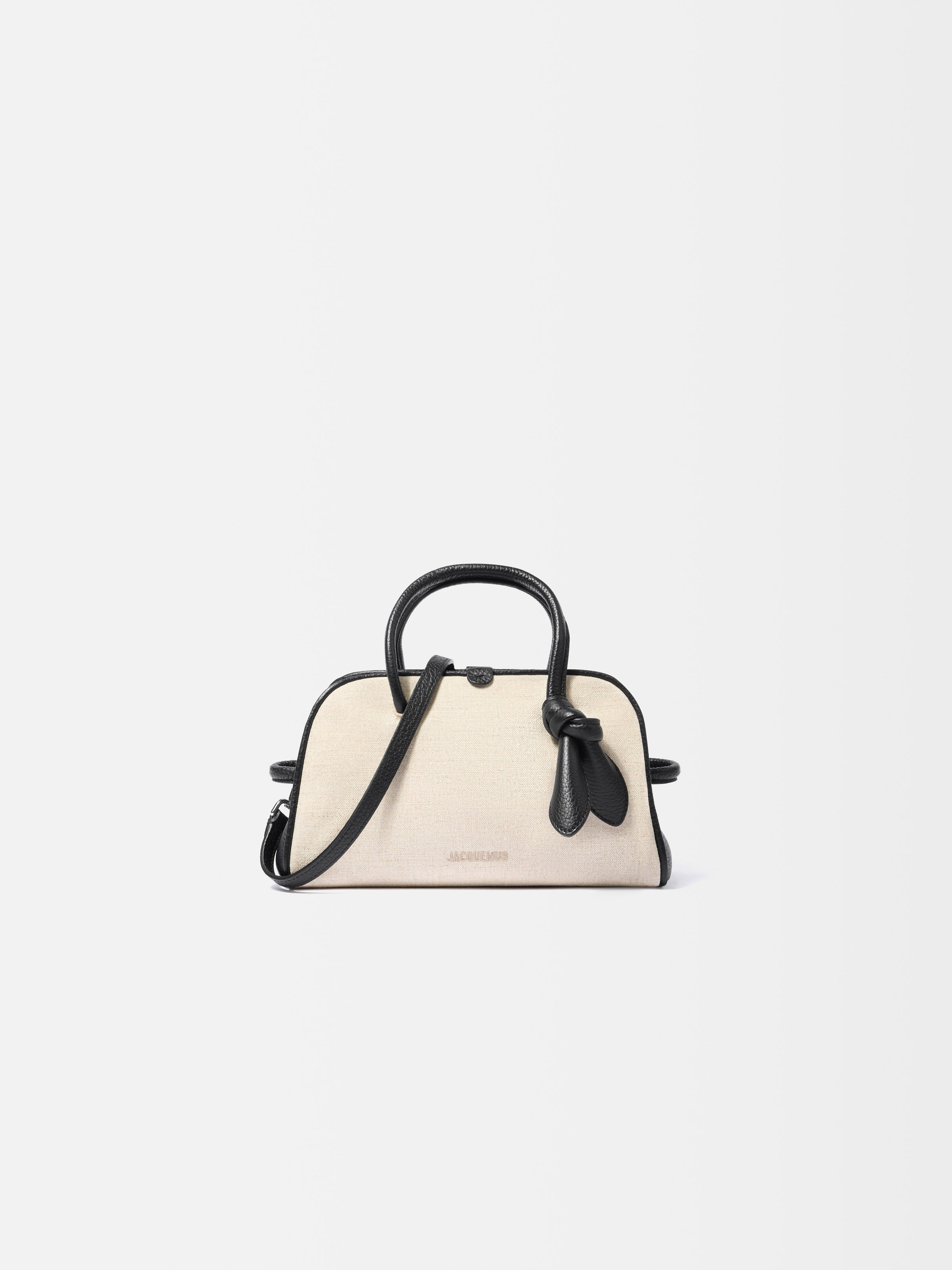 Jacquemus The Small Turismo Linen Bowling Bag With Grained Leather Trim Light Greige/Black