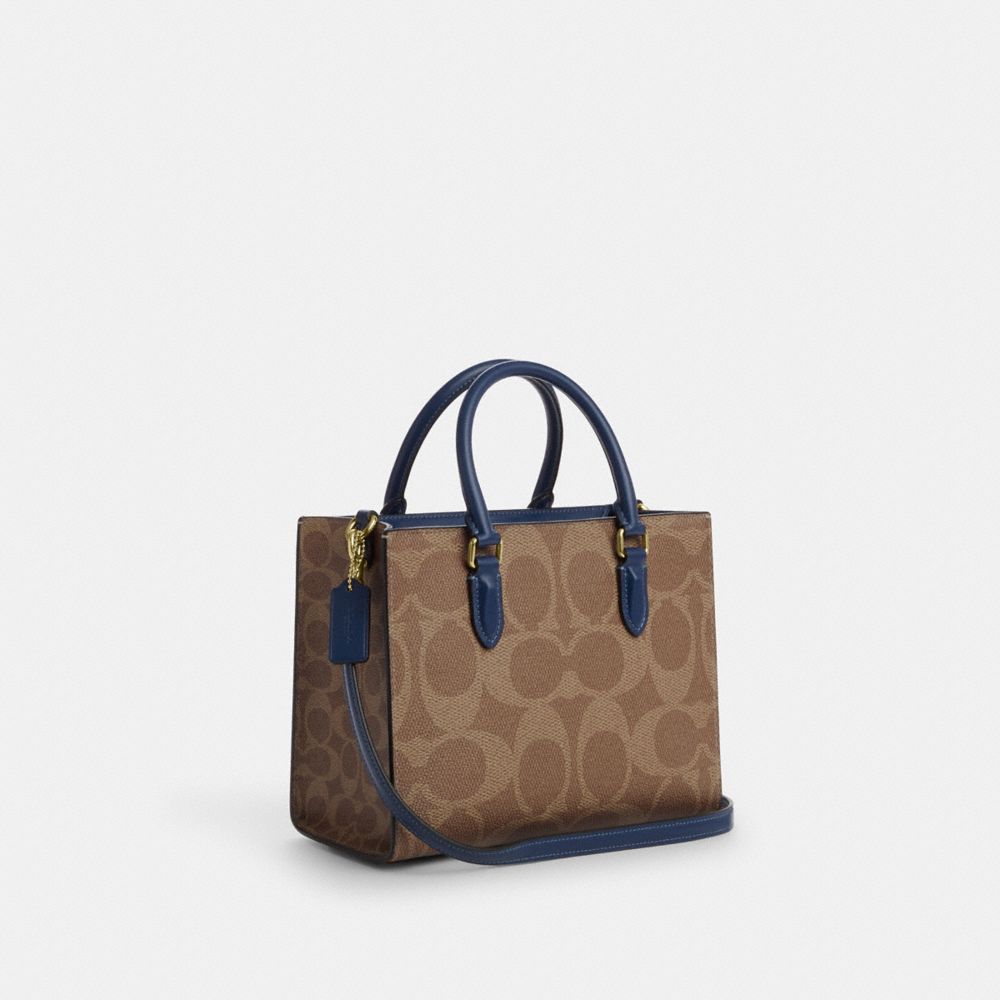 Coach Maggie Small Tote Bag In Signature Canvas Gold Tan Deep Blue